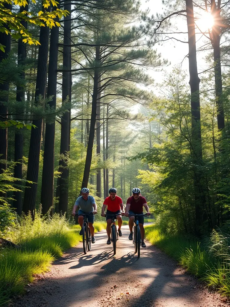 A group of cyclists participating in a guided mountain bike tour through a scenic forest trail, sunlight filtering through the trees, showcasing the physical activity and environmental appreciation.