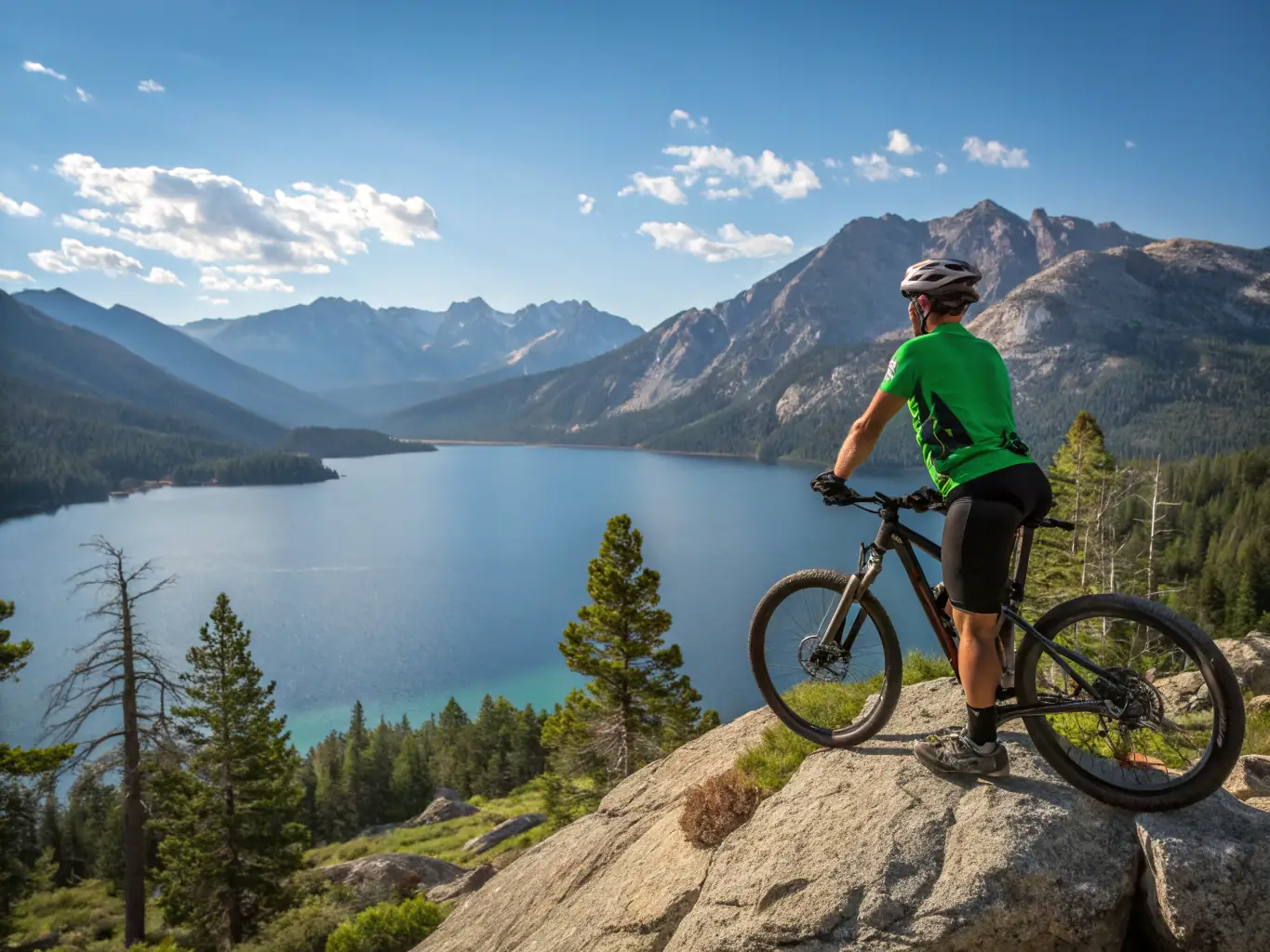 A scenic image of a lone mountain biker pausing on a hilltop to admire a breathtaking view of the surrounding landscape, emphasizing the connection with nature.