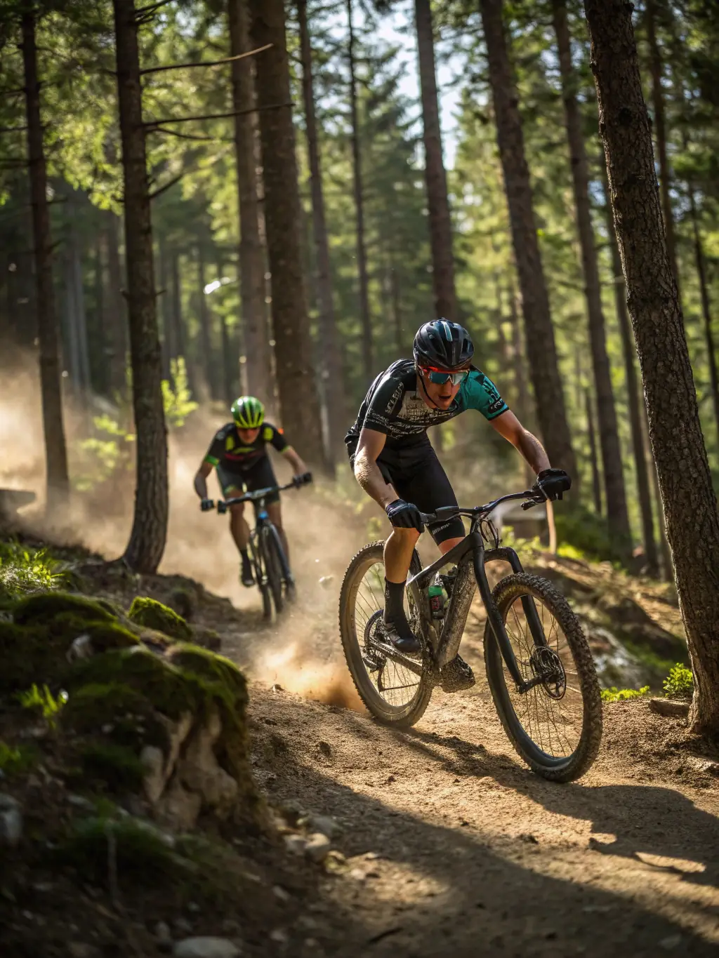 A group of cyclists participating in a guided mountain bike tour through a scenic forest trail, sunlight filtering through the trees.