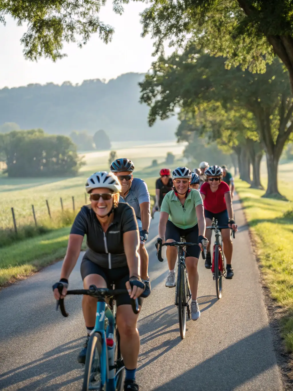 A diverse group of cyclists gathered for a post-ride social event, emphasizing the inclusive and community-focused nature of VELO SPORT LOISIRS.
