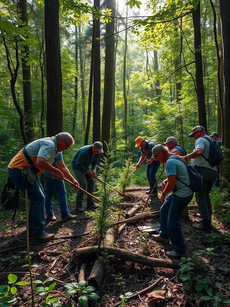 Volunteers working together to maintain and improve a local mountain biking trail, clearing debris and reinforcing the path.