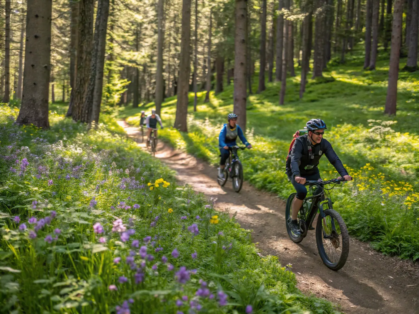 A vibrant photograph capturing a group of VELO SPORT LOISIRS members riding mountain bikes through a lush forest trail, showcasing the joy and camaraderie of the activity.