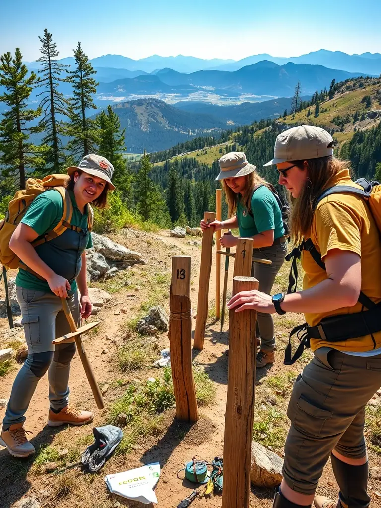 Volunteers building a new section of mountain bike trail in a wooded area, using shovels and other tools, demonstrating community involvement and trail maintenance.