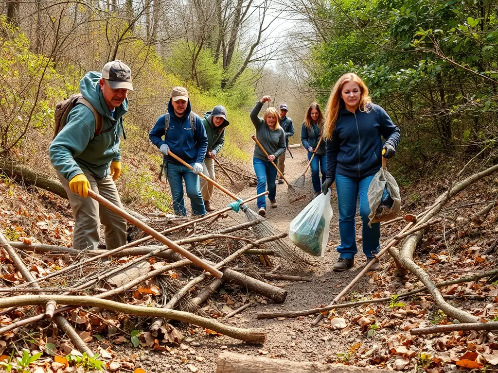 A photograph of VELO SPORT LOISIRS volunteers working together to maintain a local mountain biking trail, highlighting the organization's commitment to community engagement.