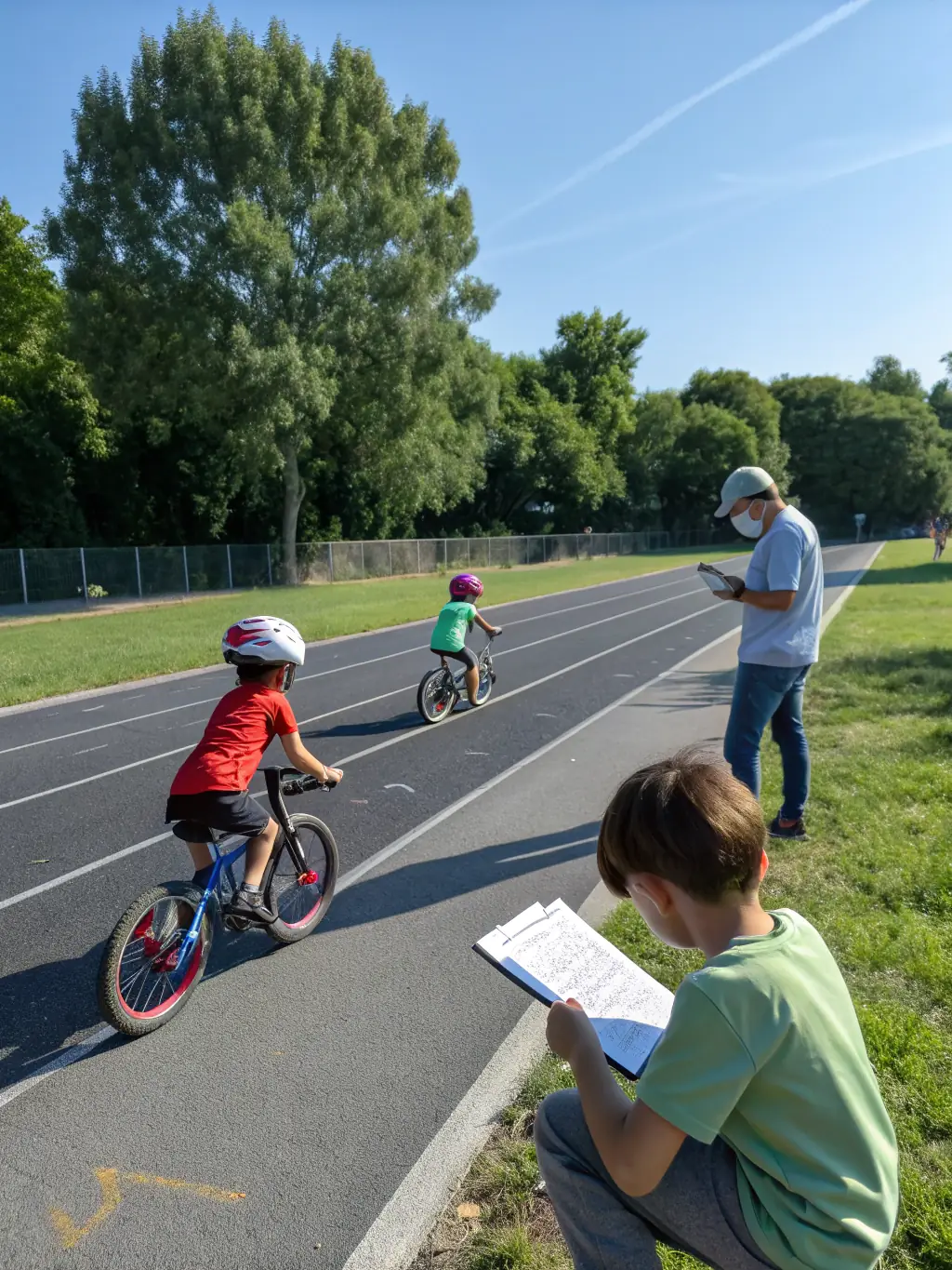 Children learning basic mountain biking skills in a safe, controlled environment, highlighting the organization's commitment to youth development.