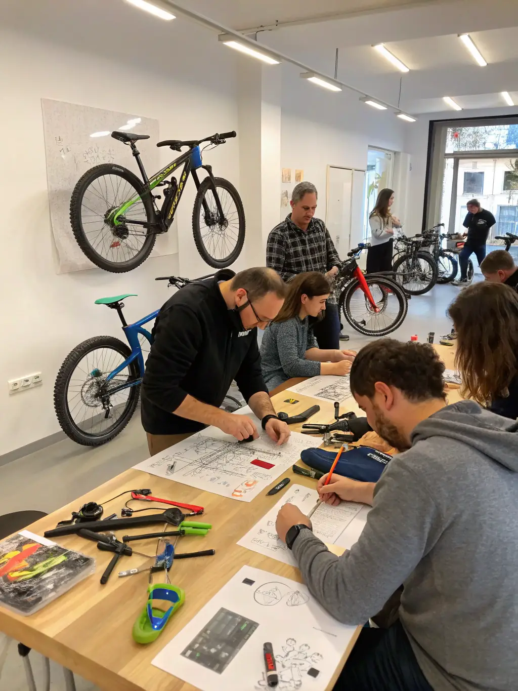 A diverse group of people attending a mountain biking workshop, learning about bike maintenance and safety techniques from an instructor.