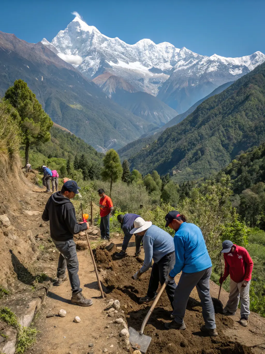 Volunteers building a new section of mountain bike trail, emphasizing the community involvement and environmental stewardship aspects of VELO SPORT LOISIRS.